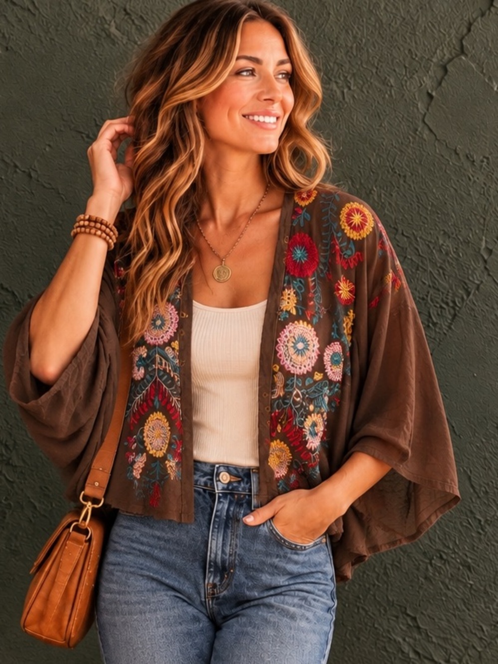 Umgee Brown Green Embroidered Open Front Kimono Cardigan